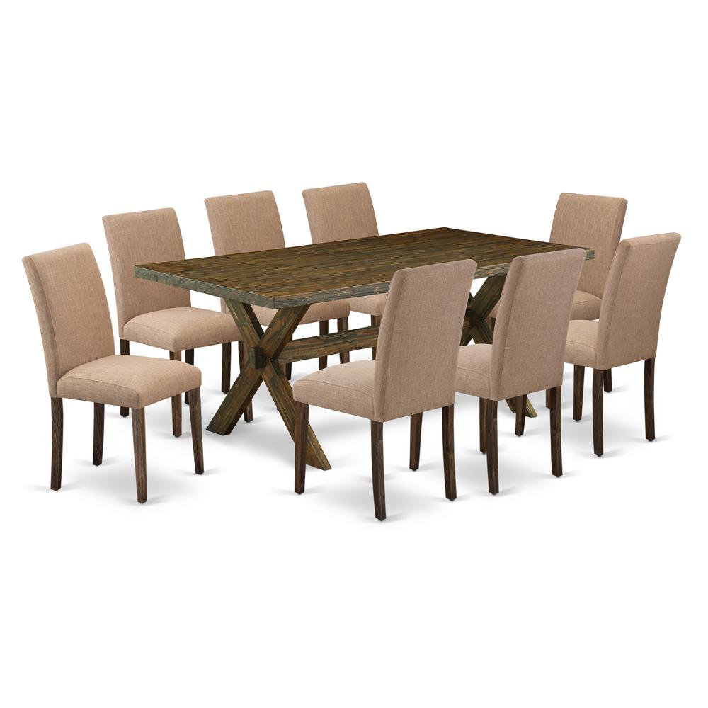 East West Furniture 9-Piece Dining Set Includes 8 Dining Room Chairs with Upholstered Seat and High Back and a Rectangular Modern Rectangular Dining Table - Distressed Jacobean Finish