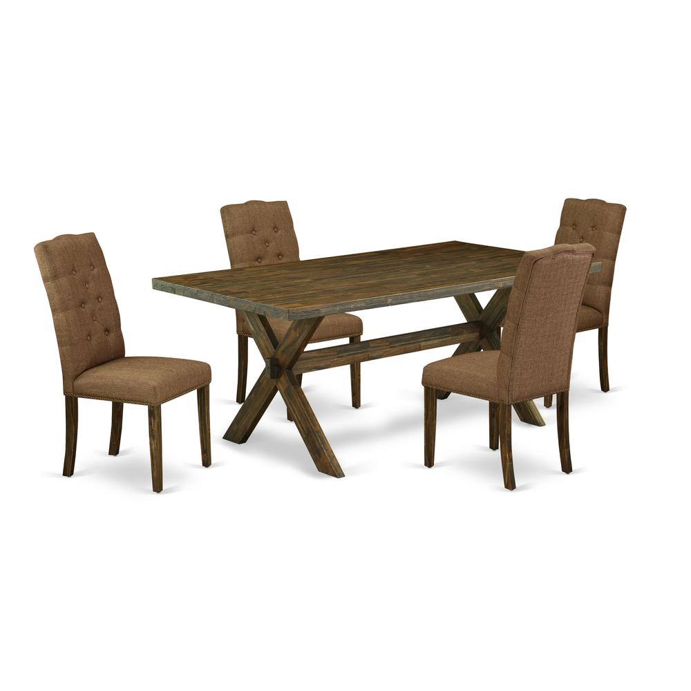 East West Furniture 5-Piece Dining room Set Included 4 kitchen parson chairs Upholstered Seat and High Button Tufted Chair Back and Rectangular dining table with Distressed Jacobean Mid Century Dining