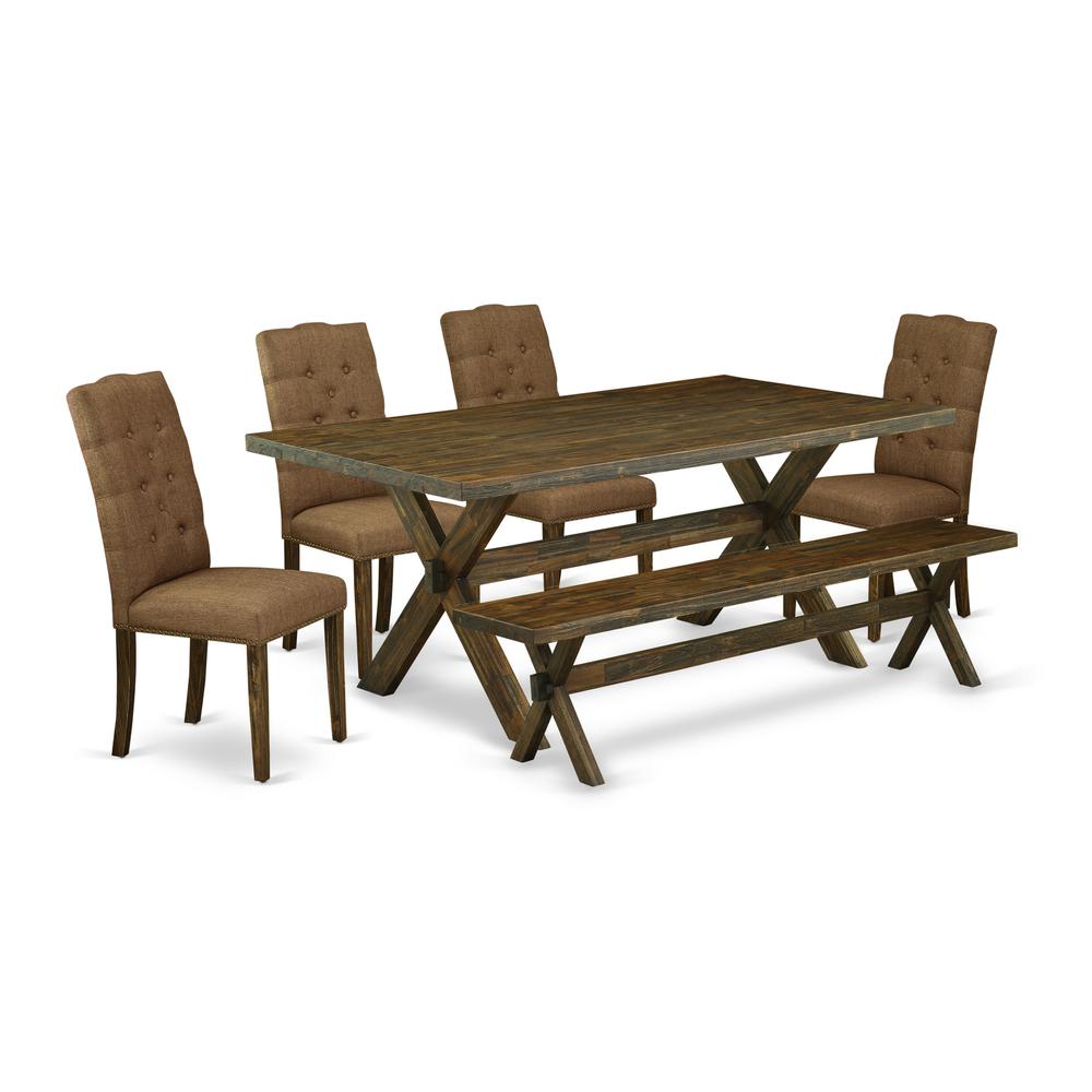 East West Furniture 6-Piece Dinette Table Set-Brown Beige Linen Fabric Seat and Button Tufted Chair Back Parson chairs, A Rectangular Bench and Rectangular Top dining room table with Wood Legs - Distr