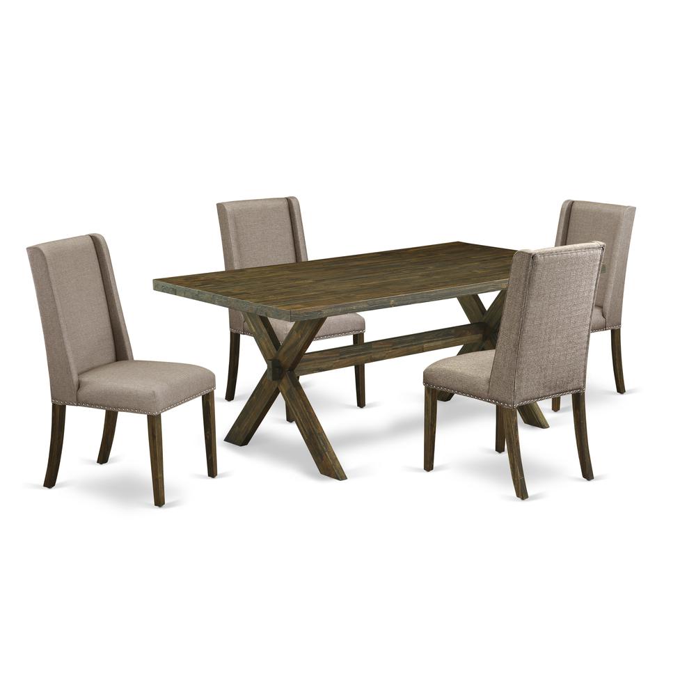 East West Furniture 5-Piece Rectangular Dining Table Set Included 4 Parson Chair Upholstered Nails Head Seat and Stylish Chair Back and rectangular dining Dining Table with Distressed Jacobean Dinette