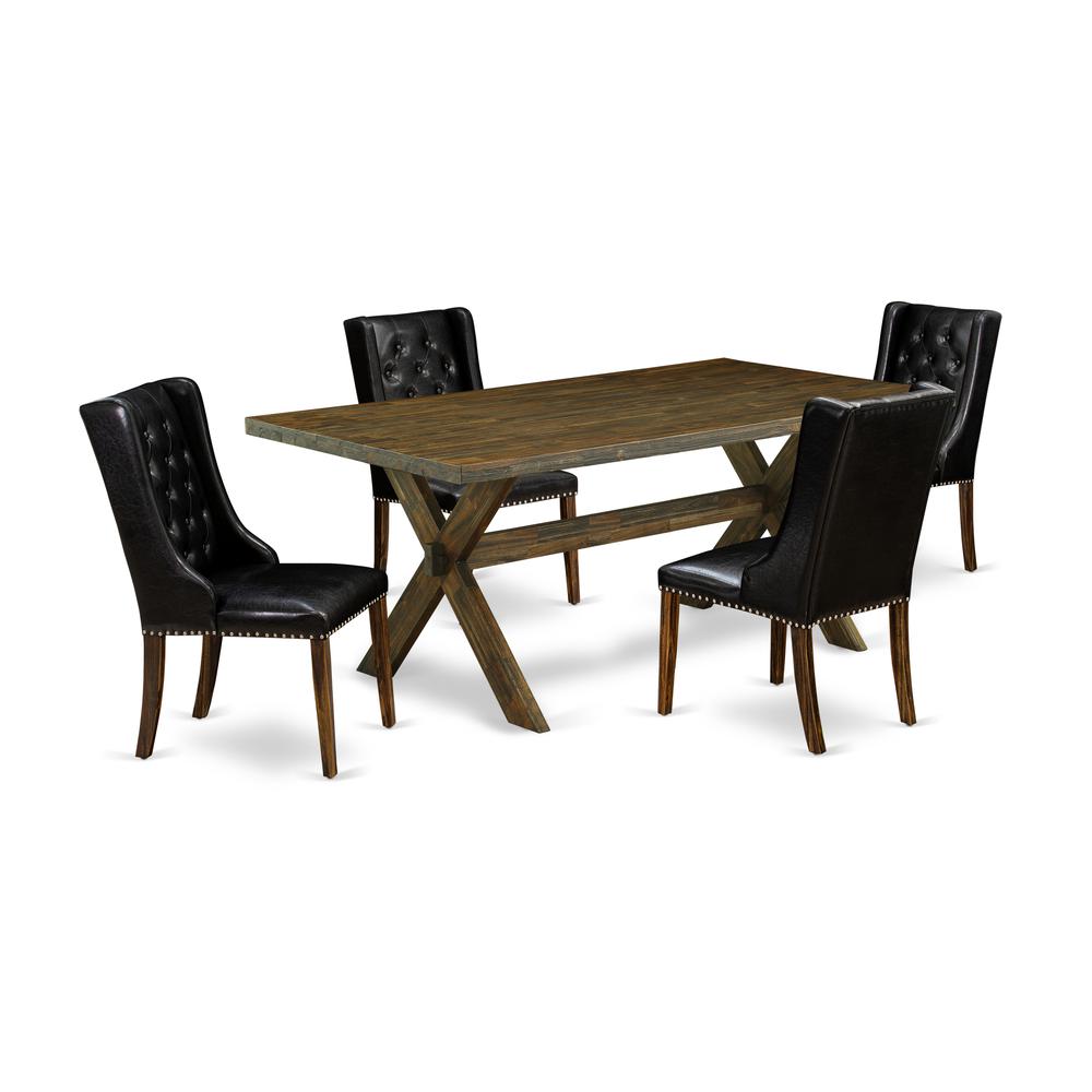 East West Furniture X777FO749-5 5 Piece Dining Table Set - 4 Black Pu Leather Dining Chairs Button Tufted with Nail heads and Wooden Dining Table - Distressed Jacobean Finish