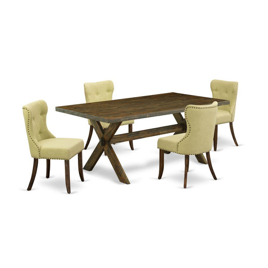 East West Furniture X777SI737-5 5-Pc Modern Dining Set- 4 Parson Dining Chairs with Limelight Linen Fabric Seat and Button Tufted Chair Back - Rectangular Table Top & Wooden Cross Legs - Distressed Ja