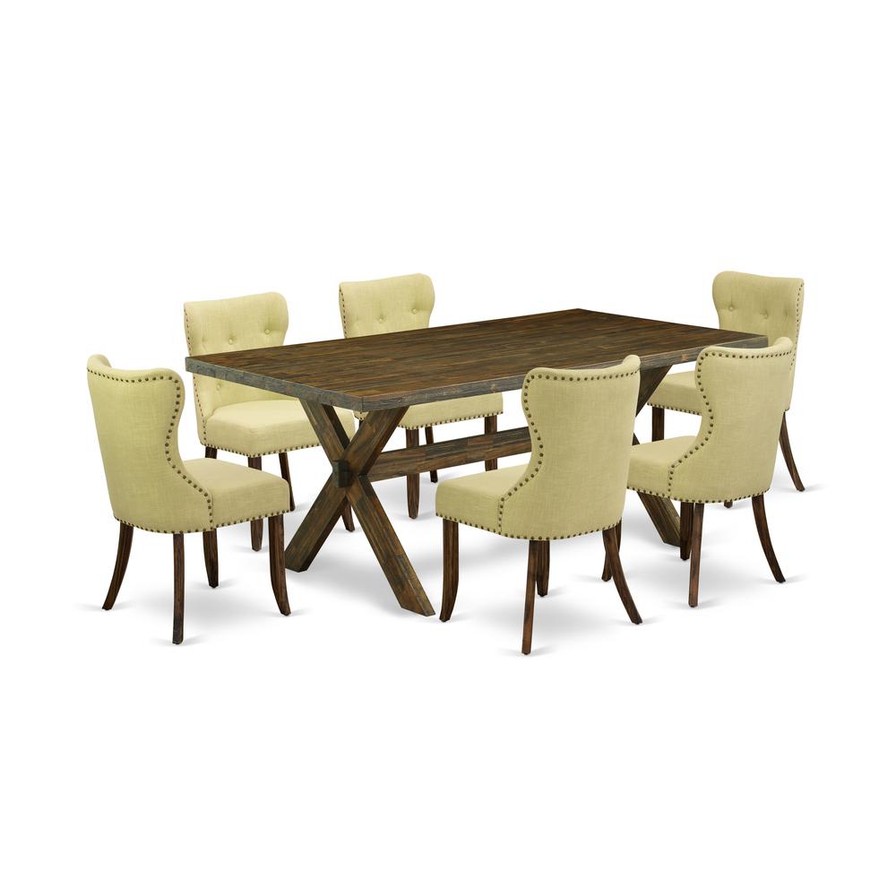 East West Furniture X777SI737-7 7-Pc Dining Table Set- 6 Upholstered Dining Chairs with Limelight Linen Fabric Seat and Button Tufted Chair Back - Rectangular Table Top & Wooden Cross Legs - Distresse