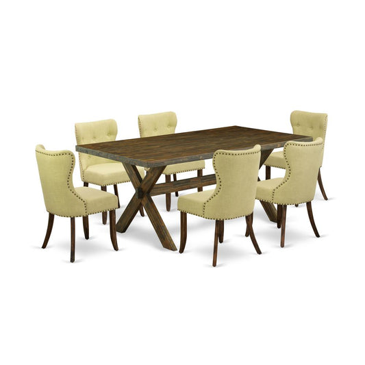 East West Furniture X777SI737-7 7-Pc Dining Table Set- 6 Upholstered Dining Chairs with Limelight Linen Fabric Seat and Button Tufted Chair Back - Rectangular Table Top & Wooden Cross Legs - Distresse