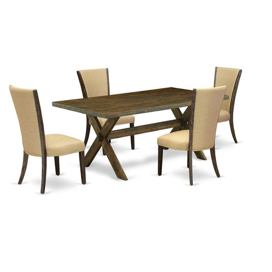 East West Furniture X777VE703-5 5Pc Dinette Set Consists of a Rectangular Table and 4 Parsons Dining Room Chairs with Brown Color Linen Fabric, Medium Size Table with Full Back Chairs, Distressed Jaco