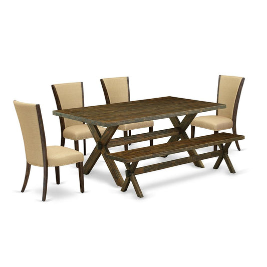 East West Furniture X777VE703-6 6 Piece Dining Table Set - 4 Brown Linen Fabric Chair with Nailheads and Distressed Jacobean Wooden Dining Table - 1 Wood Bench - Distressed Jacobean Finish