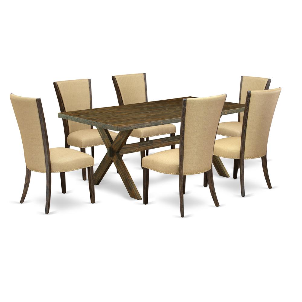 East West Furniture X777VE703-7 7Pc Kitchen Table Set Consists of a Rectangular Table and 6 Parson Dining Chairs with Brown Color Linen Fabric, Medium Size Table with Full Back Chairs, Distressed Jaco