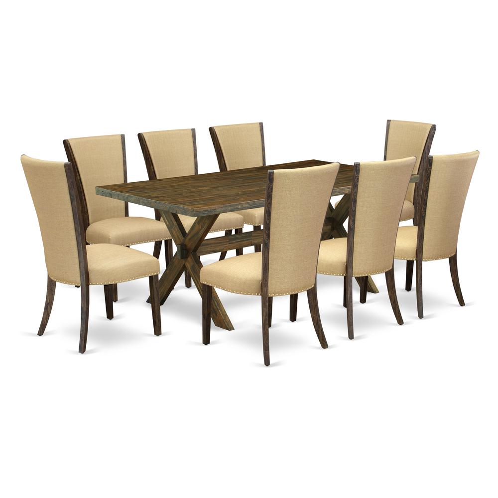 East West Furniture X777VE703-9 9Pc Dining Table Set Includes a Kitchen Table and 8 Upholstered Dining Chairs with Brown Color Linen Fabric, Medium Size Table with Full Back Chairs, Distressed Jacobea