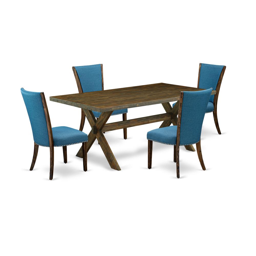 East West Furniture X777VE721-5 5Pc Dining Room Table Set Consists of a Kitchen Table and 4 Parsons Dining Room Chairs with Blue Color Linen Fabric, Distressed Jacobean Finish