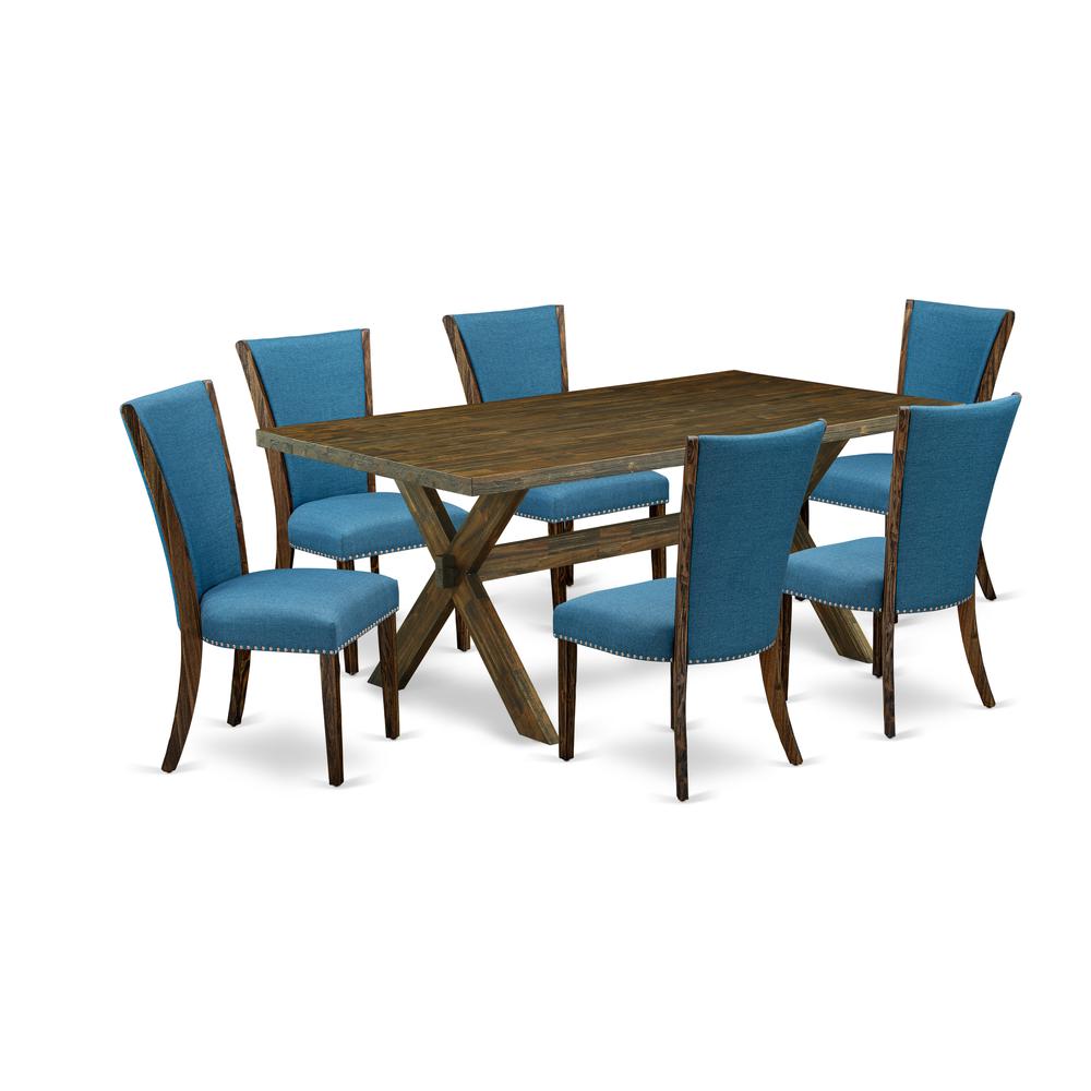 East West Furniture X777VE721-7 7Pc Dining Table set Includes a Rectangle Table and 6 Parsons Dining Room Chairs with Blue Color Linen Fabric, Distressed Jacobean Finish