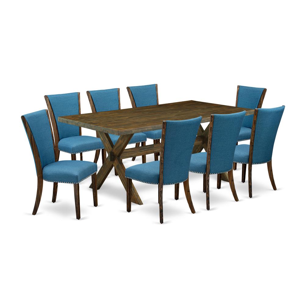 East West Furniture X777VE721-9 9Pc Dinette Sets for Small Spaces Consists of a Wood Dining Table and 8 Parsons Chairs with Blue Color Linen Fabric, Distressed Jacobean Finish