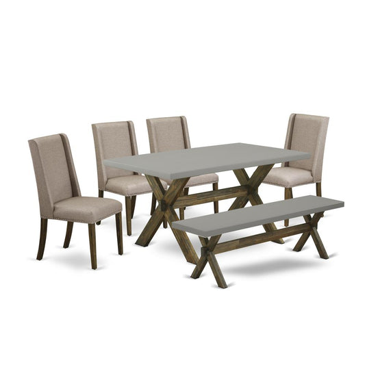 East West Furniture 6-Pc Wooden Dining Table Set-Dark Khaki Linen Fabric Seat and High Stylish Chair Back Dining room chairs, A Rectangular Bench and Rectangular Top Dining room Table with Solid Wood