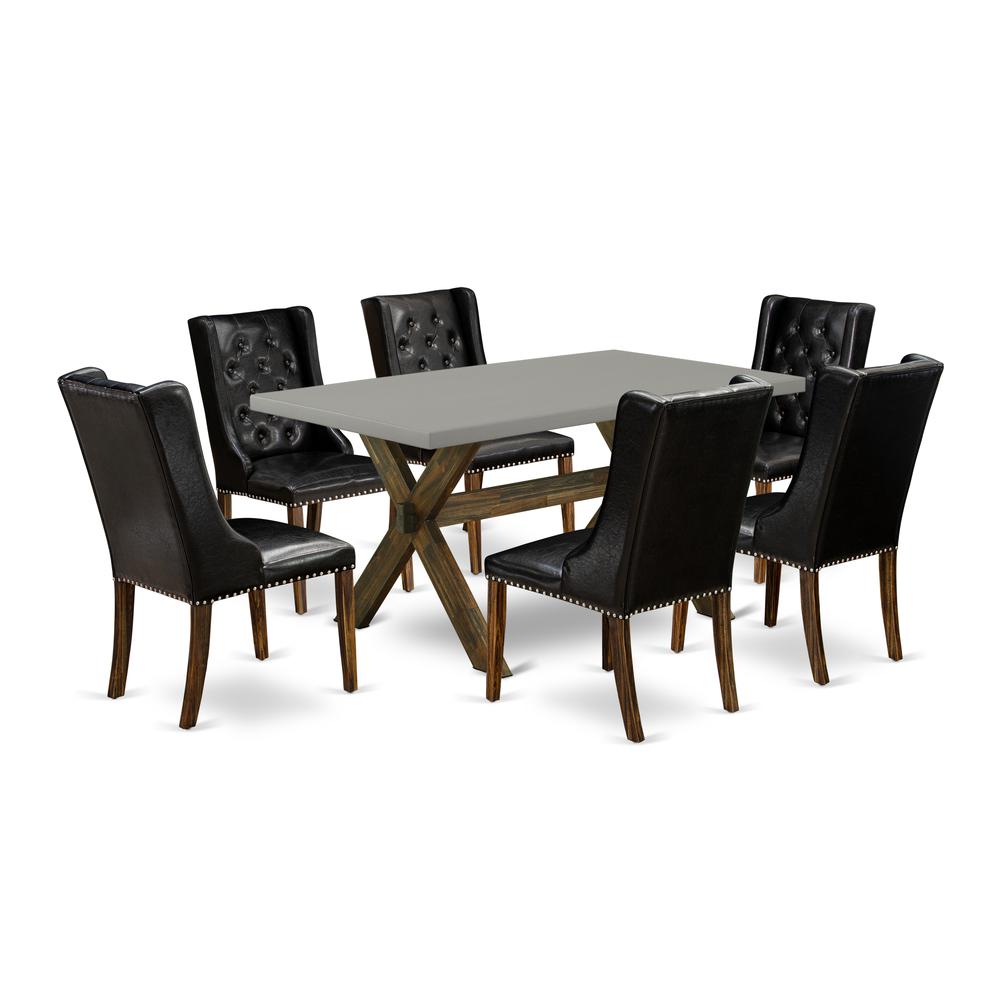 East West Furniture X796FO749-7 7 Piece Dining Set - 6 Black Pu Leather Kitchen Chair Button Tufted with Nail heads and Wood Table - Distressed Jacobean Finish