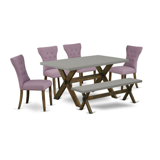 East West Furniture 6-Pc Modern Dining Table Set-Dahlia Linen Fabric Seat and Button Tufted Chair Back Padded Parson Chairs, A Rectangular Bench and Rectangular Top Mid Century Dining Table with Woode