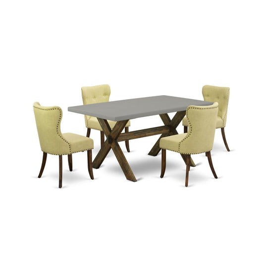 East West Furniture 5-Piece Modern Dining Table Set-Limelight Linen Fabric Seat and Button Tufted Back Parson Dining Chairs and Rectangular Top Wood Kitchen Table with Wooden Legs - Cement and Distres