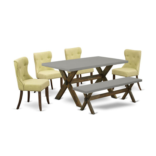 East West Furniture 6-Piece Dining Room Table Set-Limelight Linen Fabric Seat and Button Tufted Back Parson Dining Chairs and Rectangular Top Living Room Table and Wooden Bench with Solid Wood Legs -