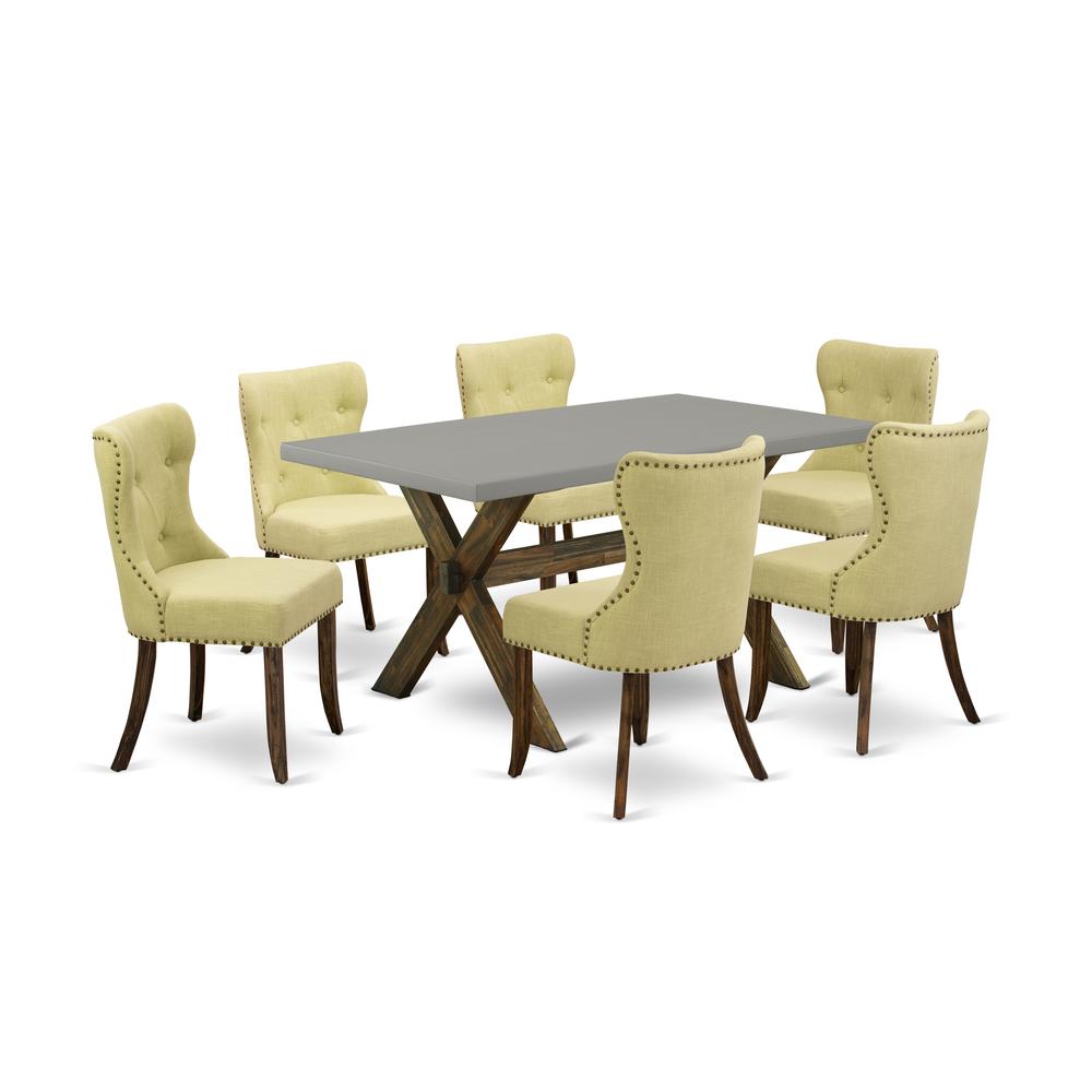 East West Furniture 7-Pc Kitchen Set-Limelight Linen Fabric Seat and Button Tufted Back Parson Chairs and Rectangular Top Living Room Table with Hardwood Legs - Cement and Distressed Jacobean Finish