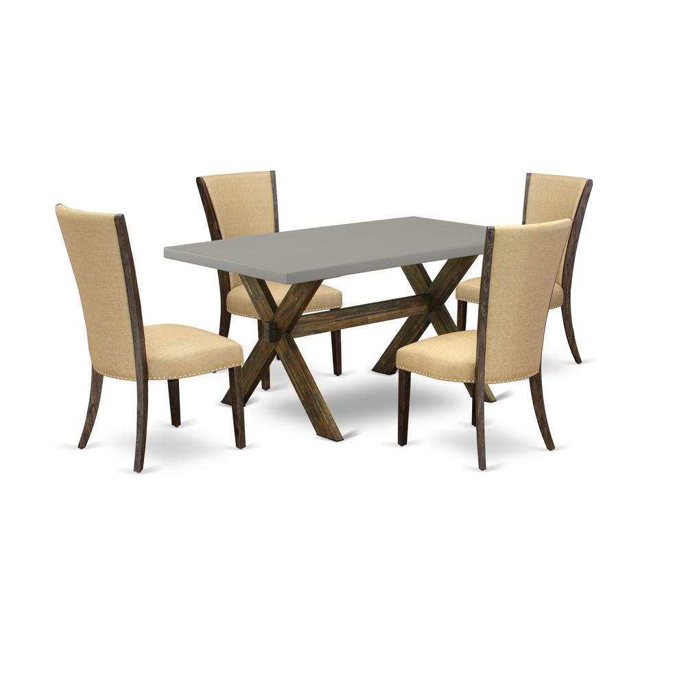 East West Furniture X796VE703-5 5Pc Dining Table Set Offers a Wood Dining Table and 4 Parson Chairs with Brown Color Linen Fabric, Medium Size Table with Full Back Chairs, Distressed Jacobean and Ceme