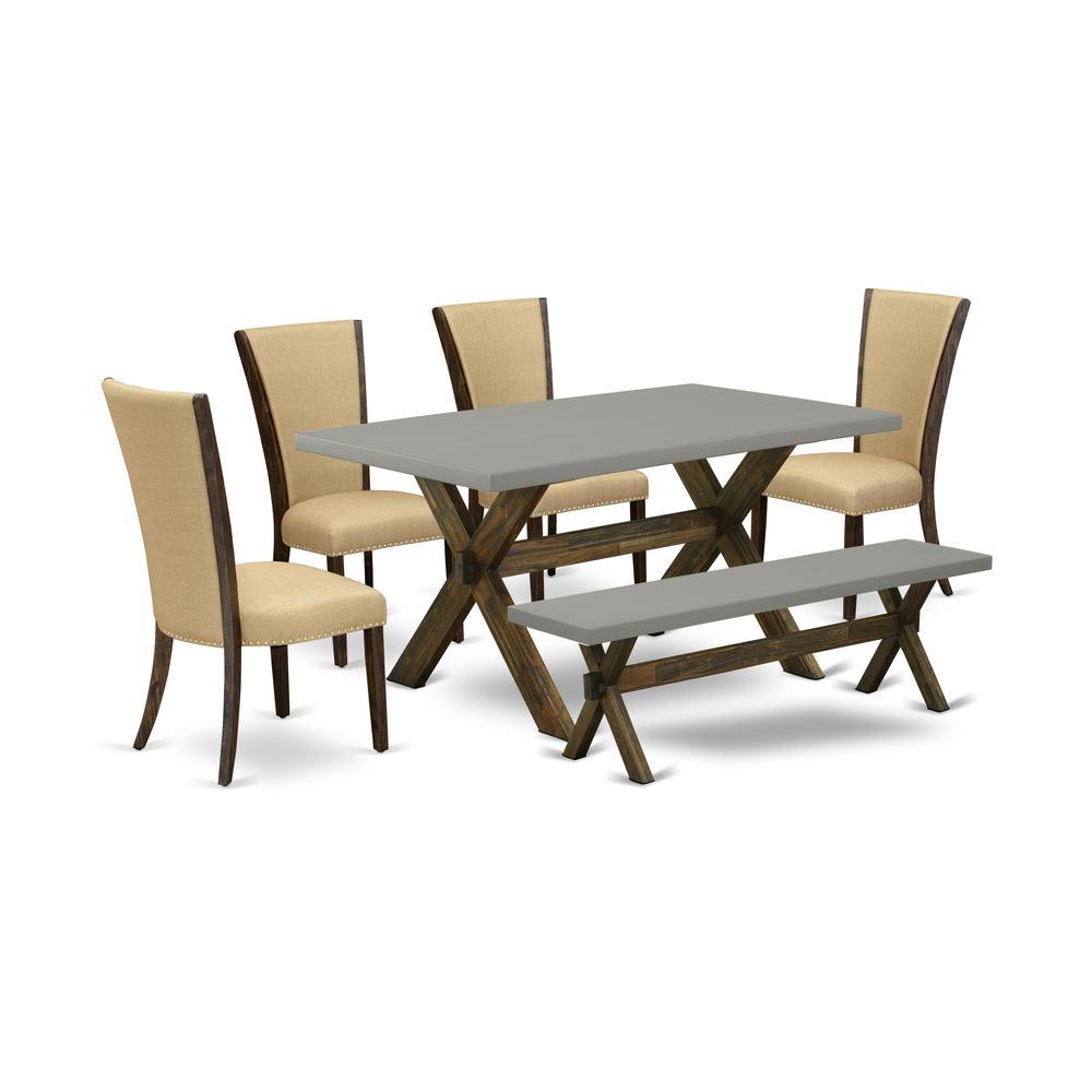 East West Furniture X796VE703-6 6 Piece Dining Table Set - 4 Brown Linen Fabric Modern Chair with Nailheads and Cement Wood Table - 1 Dining Bench - Distressed Jacobean Finish