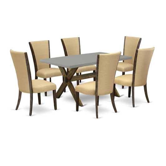 East West Furniture X796VE703-7 7Pc Dining Room Table Set Contains a Rectangle Table and 6 Parsons Chairs with Brown Color Linen Fabric, Medium Size Table with Full Back Chairs, Distressed Jacobean an