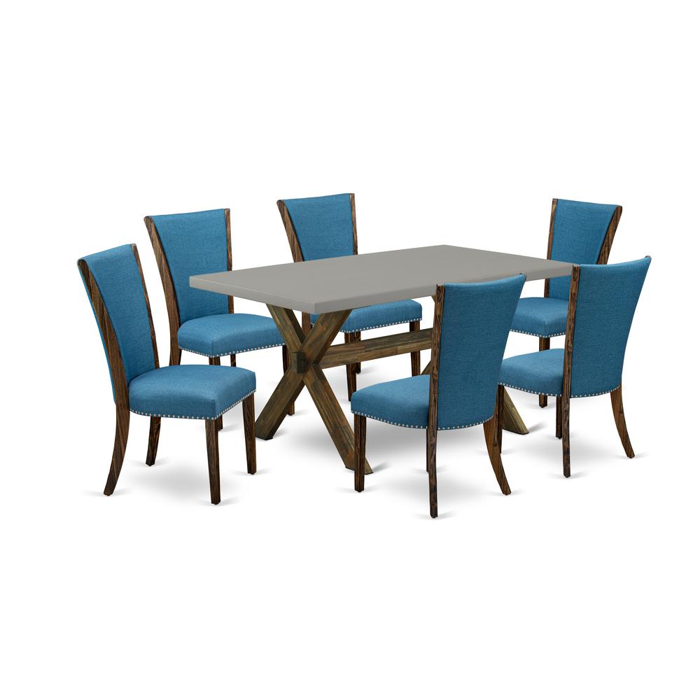 East West Furniture X796VE721-7 7Pc Dinette Sets for Small Spaces Offers a Dining Room Table and 6 Parsons Dining Chairs with Blue Color Linen Fabric, Distressed Jacobean and Cement Finish