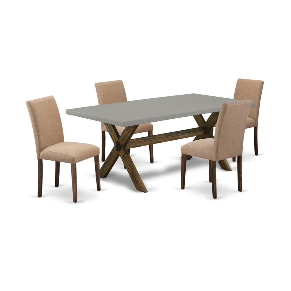 East West Furniture 5-Piece Dining Set Includes 4 Parson dining chairs with Upholstered Seat and High Back and a Rectangular Dining Table - Distressed Jacobean Finish