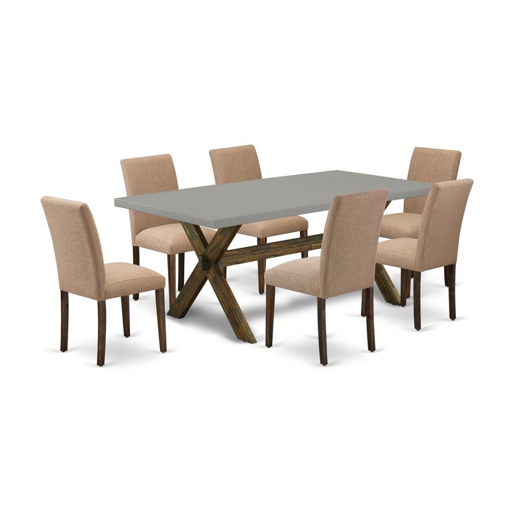 East West Furniture 7-Pc dining room table set Includes 6 Parson dining chairs with Upholstered Seat and High Back and a Rectangular Dining Room Table - Distressed Jacobean Finish