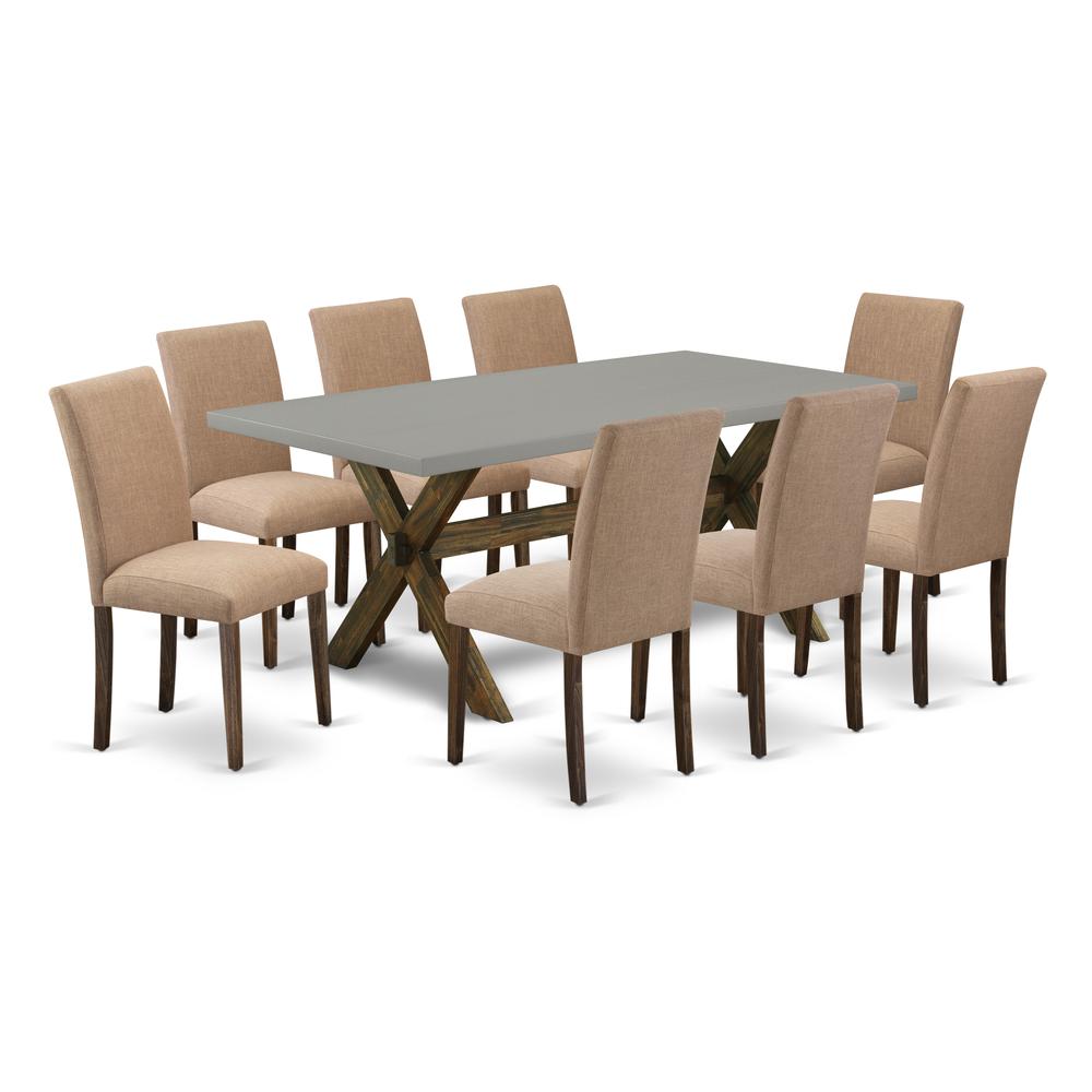 East West Furniture 9-Pc Table And Chairs Dining Set Includes 8 Parson dining chairs with Upholstered Seat and High Back and a Rectangular Dining Table - Distressed Jacobean Finish