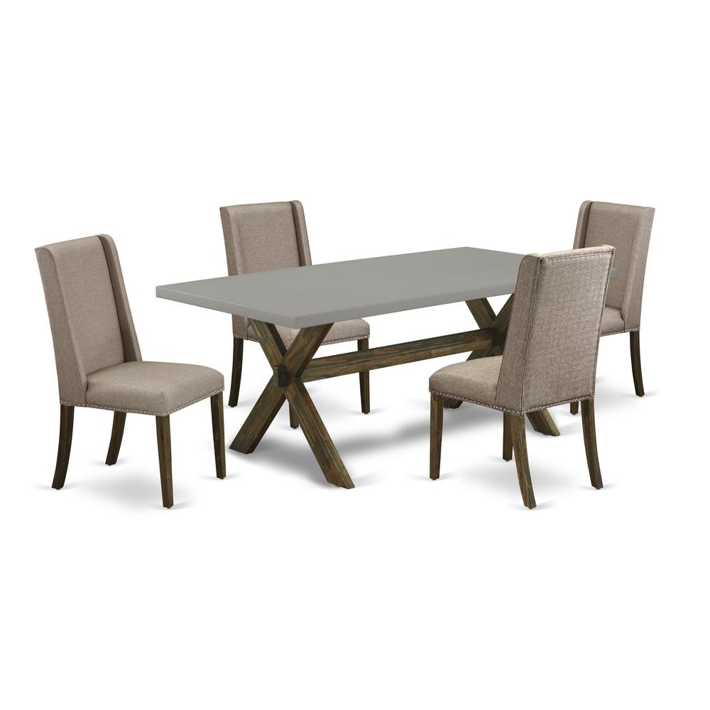 East West Furniture 5-Pc Dining Table Set Included 4 Parson Dining room chairs Upholstered Seat and Stylish Chair Back and Rectangular Dining room Table with Cement Color Dining Table Top - Distressed