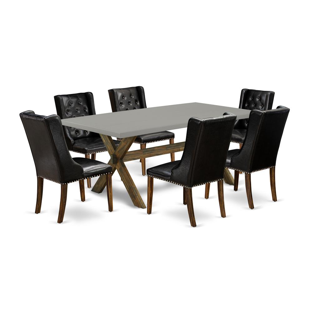 East West Furniture X797FO749-7 7 Piece Dining Room Table Set - 6 Black Pu Leather Parson Chairs Button Tufted with Nailheads and Wood Table - Distressed Jacobean Finish