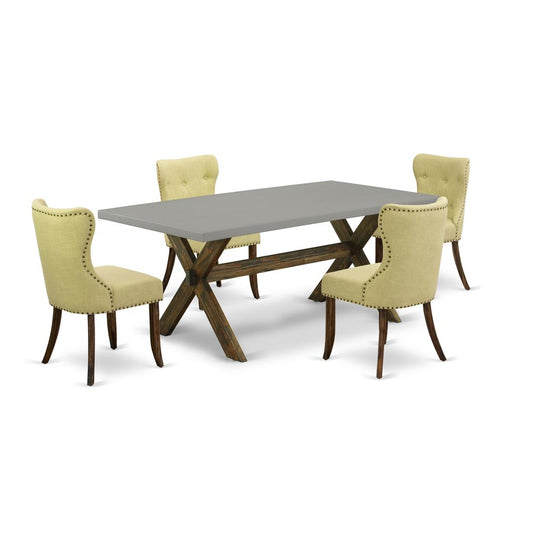 East West Furniture 5-Piece Dining Room Table Set-Limelight Linen Fabric Seat and Button Tufted Back Kitchen Parson Chairs and Rectangular Top Kitchen Dining Table with Wood Legs - Cement and Distress