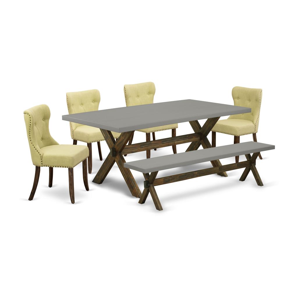 East West Furniture 6-Piece Dinette Table Set-Limelight Linen Fabric Seat and Button Tufted Back Modern Dining Chairs, A Wooden Bench and Rectangular Top Dining Room Table with Hardwood Legs - Cement