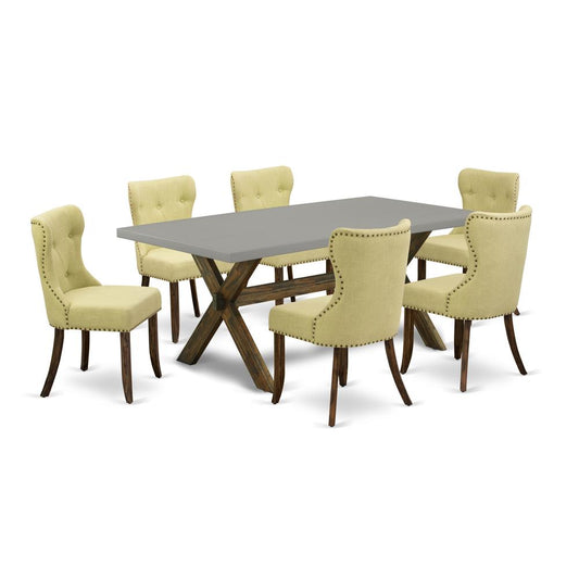 East West Furniture 7-Piece Dining Set-Limelight Linen Fabric Seat and Button Tufted Back Parson Dining Chairs and Rectangular Top Kitchen Table with Hardwood Legs - Cement and Distressed Jacobean Fin