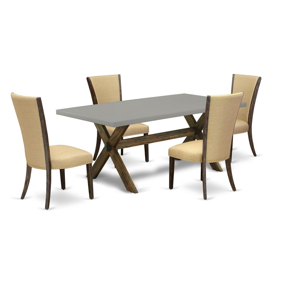 East West Furniture X797VE703-5 5Pc Dinette Set Includes a Kitchen Table and 4 Parson Dining Chairs with Brown Color Linen Fabric, Medium Size Table with Full Back Chairs, Distressed Jacobean and Ceme