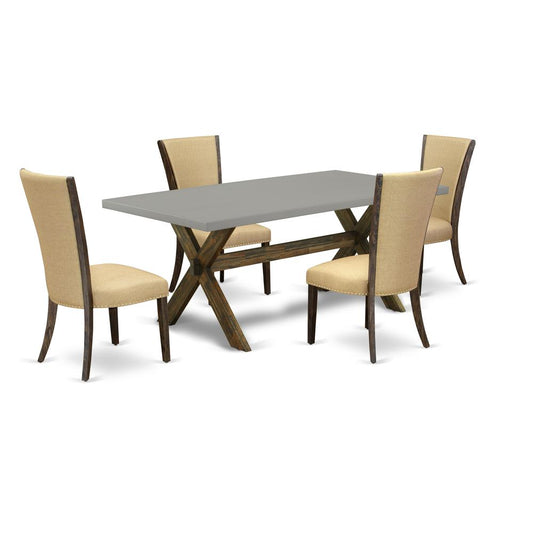 East West Furniture X797VE703-5 5Pc Dinette Set Includes a Kitchen Table and 4 Parson Dining Chairs with Brown Color Linen Fabric, Medium Size Table with Full Back Chairs, Distressed Jacobean and Ceme