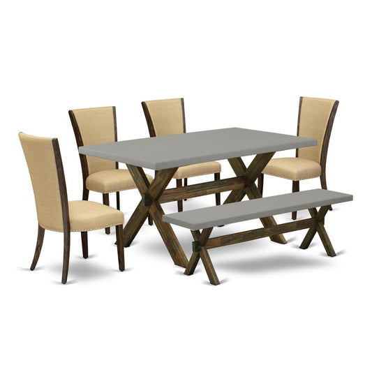 East West Furniture X797VE703-6 6 Piece Dining Room Set - 4 Brown Linen Fabric dining room chairs with Nailheads and Cement Dining Table - 1 Kitchen Bench - Distressed Jacobean Finish