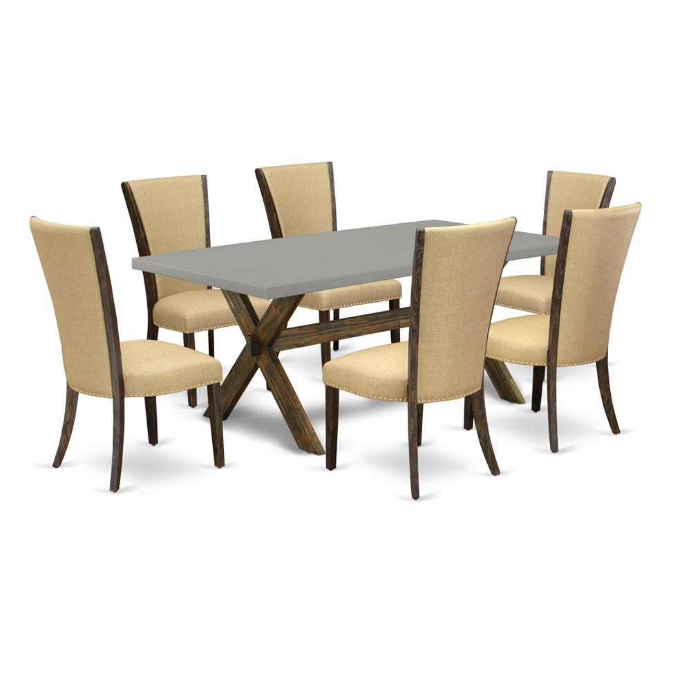 East West Furniture X797VE703-7 7Pc Kitchen Table Set Consists of a Rectangular Table and 6 Parsons Dining Chairs with Brown Color Linen Fabric, Medium Size Table with Full Back Chairs, Distressed Jac