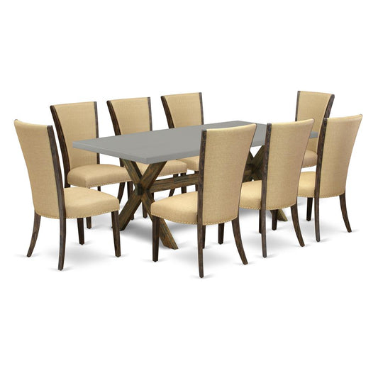 East West Furniture X797VE703-9 9Pc Kitchen Set Offers a Dining Table and 8 Parsons Dining Room Chairs with Brown Color Linen Fabric, Medium Size Table with Full Back Chairs, Distressed Jacobean and C