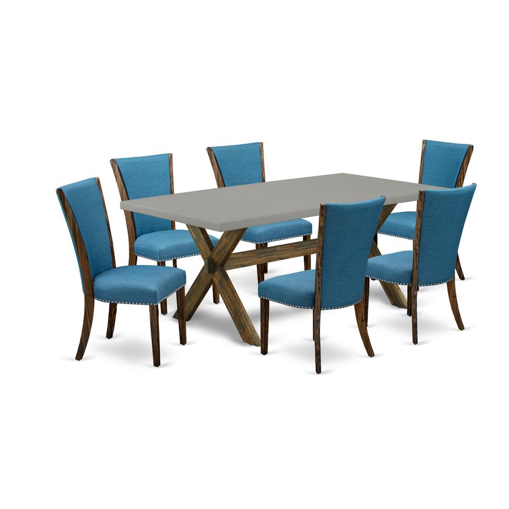 East West Furniture X797VE721-7 7Pc Modern Dining Table Set Contains a Kitchen Table and 6 Parson Dining Chairs with Blue Color Linen Fabric, Distressed Jacobean and Cement Finish