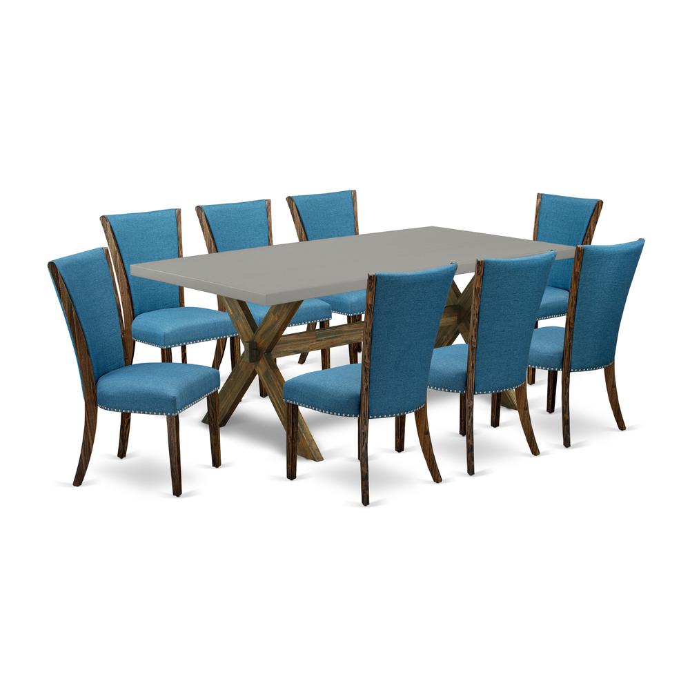 East West Furniture X797VE721-9 9Pc Dining Set Consists of a Kitchen Table and 8 Parson Chairs with Blue Color Linen Fabric, Distressed Jacobean and Cement Finish