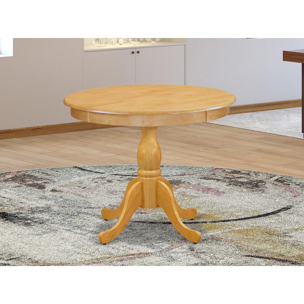 Round Wood Table Oak Color Table Top Surface and Asian Wood Table Pedestal Legs -Oak Finish