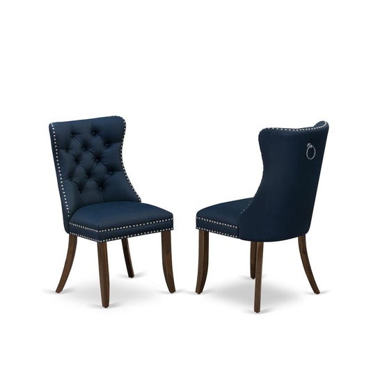 Parson Chairs - Navy Blue faux leather Upholstered, Set of 2, Antique Walnut