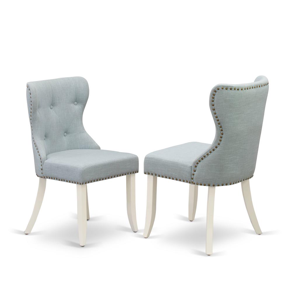 East West Furniture - Set of 2 - Parson Chairs- Dining Room Chair Includes Linen White Solid Wood Structure with Baby Blue Linen Fabric Seat with Nail Head and Button Tufted Back