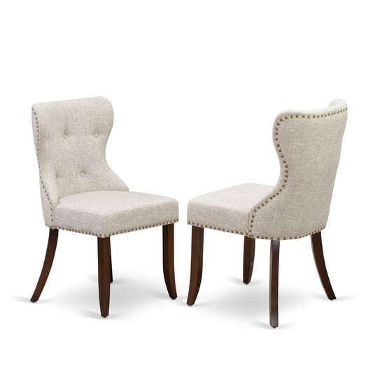 East West Furniture - Set of 2 - Modern Chairs- Kitchen Chair Includes Mahogany Wood Frame with Doeskin Linen Fabric Seat with Nail Head and Button Tufted Back