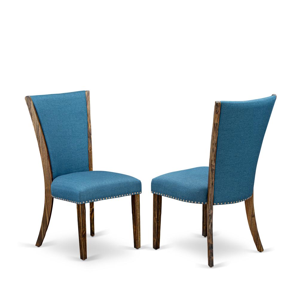 East West Furniture - Set of 2 - Upholstered Chair- Dining Chair Includes Distressed Jacobean Wood Frame with Blue Linen Fabric Seat with Nail Head and Stylish Back