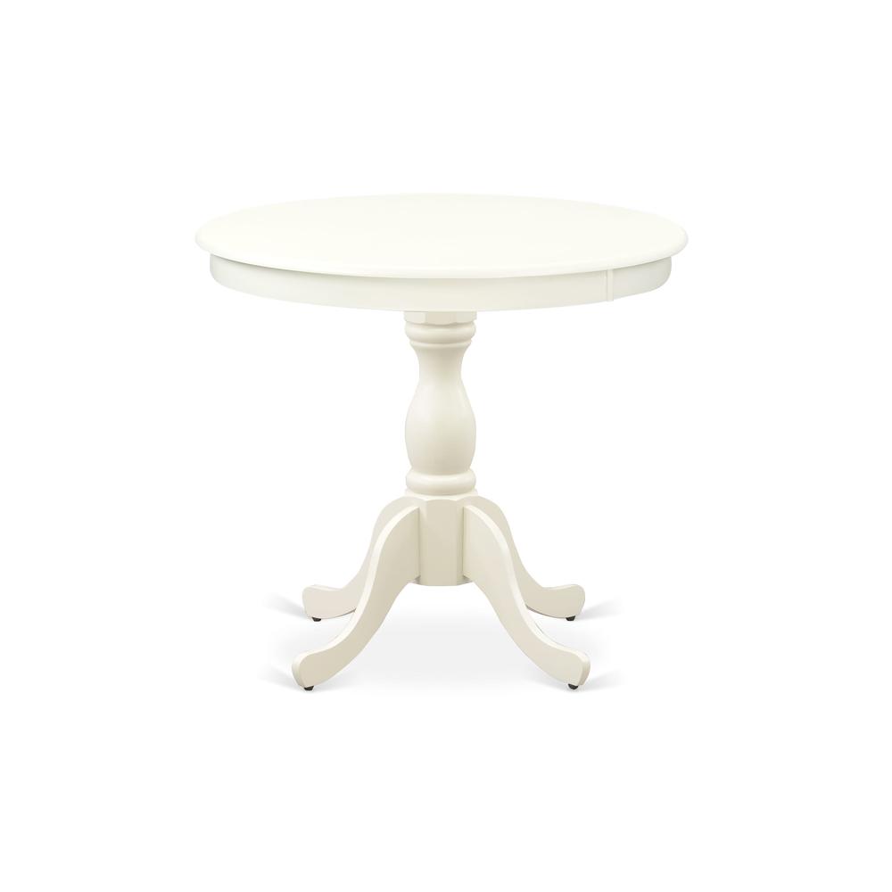 Round Modern Dining Table Linen White Color Table Top Surface and Asian Wood Round Dining Table Pedestal Legs -Linen White Finish