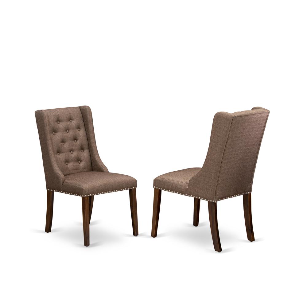 FOP8T18 Mid Century Dining Chairs - Brown Linen Fabric Parson Dining Chairs and Button Tufted Back with Antique Walnut Rubber Wood Legs - Modern Dining Chairs Set of 2 - Set of 2