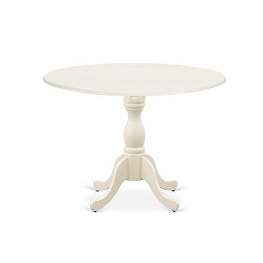 East West Furniture DMT-LWH-TP Round Wood Table Linen White Color Drops Leave Table Top Surface and Asian Wood Dining Table Pedestal Legs -Linen White Finish