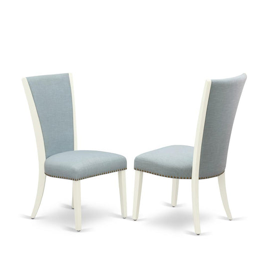 East West Furniture - Set of 2 - Dining Chair- Upholstered Chair Includes Linen White Hardwood Structure with Baby Blue Linen Fabric Seat with Nail Head and Stylish Back