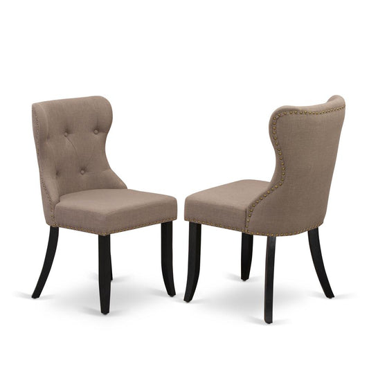 East West Furniture - Set of 2 - Dining Room Chair- Upholstered Dining Chairs Includes Wirebrushed Black Wooden Frame with Coffee Linen Fabric Seat with Nail Head and Button Tufted Back